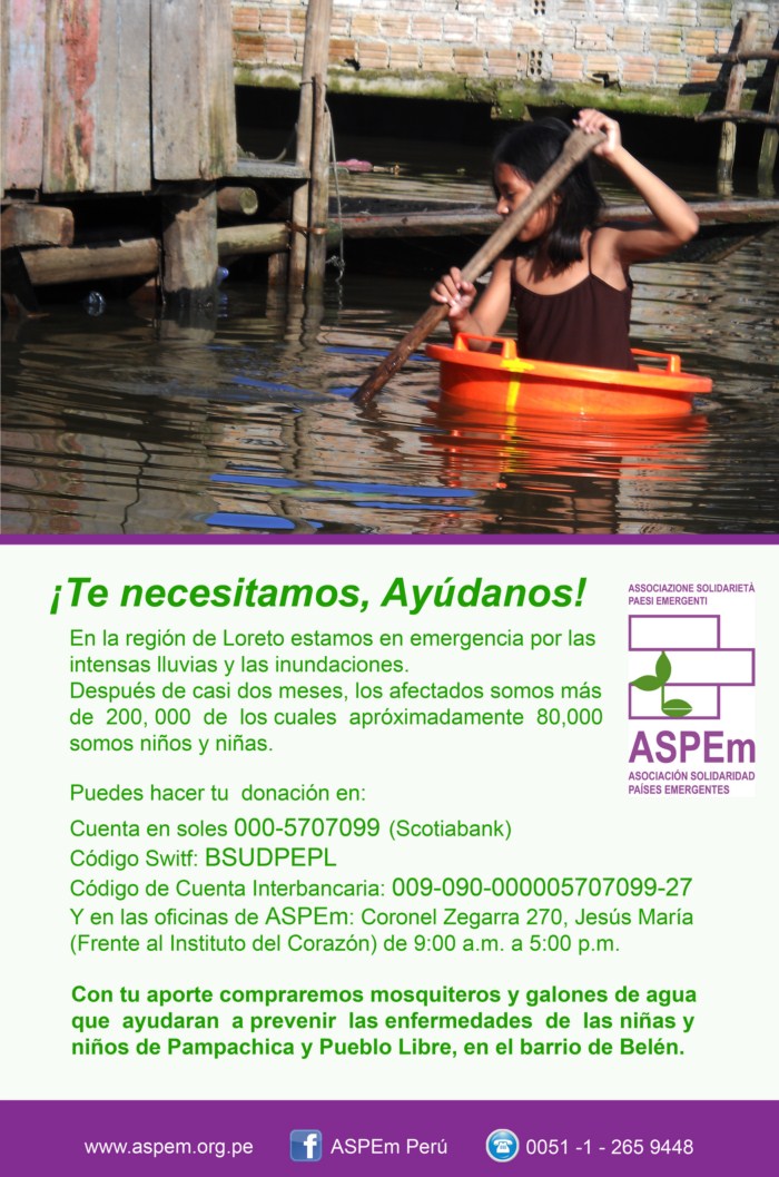 ASPEm lanza campaña de recaudación de fondos para los niños y niñas afectados por los desbordes en Iquitos