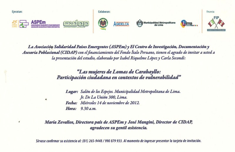 Presentarán estudio "Las mujeres de Lomas de Carabayllo: Participación ciudadana en contextos de vulnerabilidad"