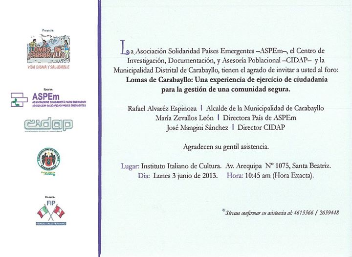 Lunes 3 de junio: Foro "Lomas de Carabayllo: Una Experiencia de ejercicio de ciudadanía para la gestión de una comunidad segura"