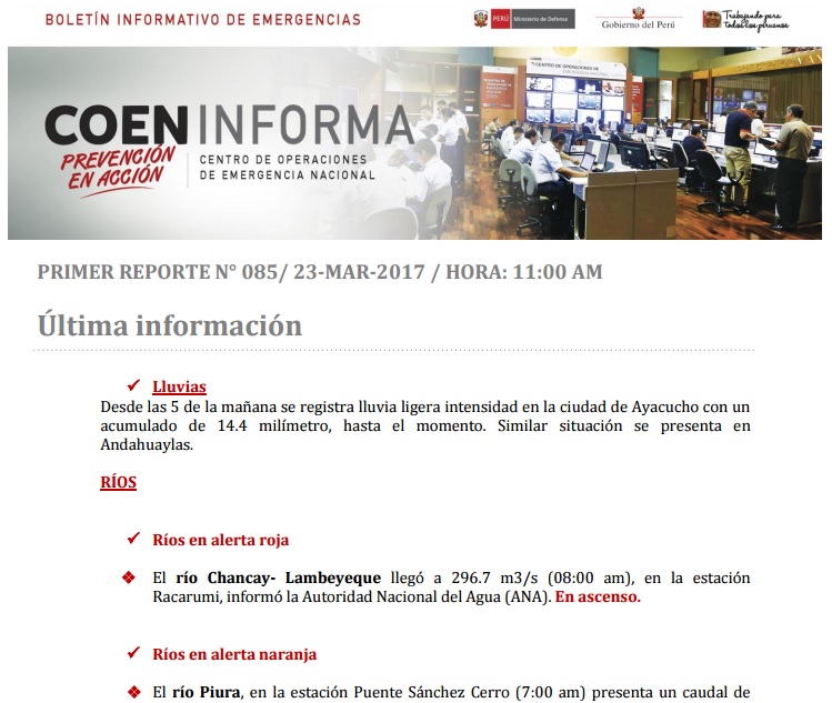 Boletin Informativo de Emergencia Nº 85