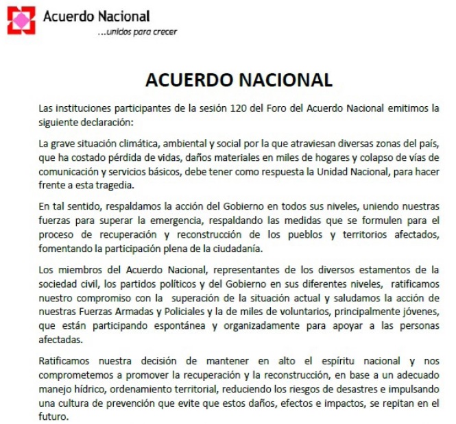 Acuerdo Nacional aprobó declaración sobre grave situación que vive el país