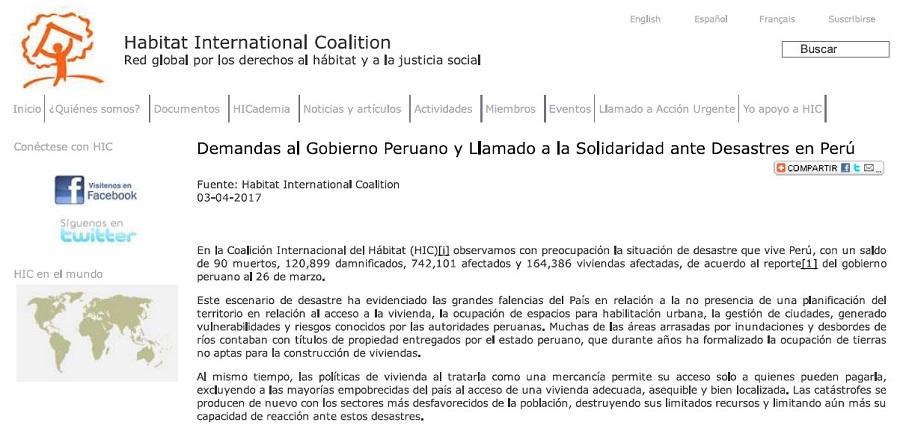 Demandas al Gobierno Peruano y llamado a la solidaridad ante desastres en Perú