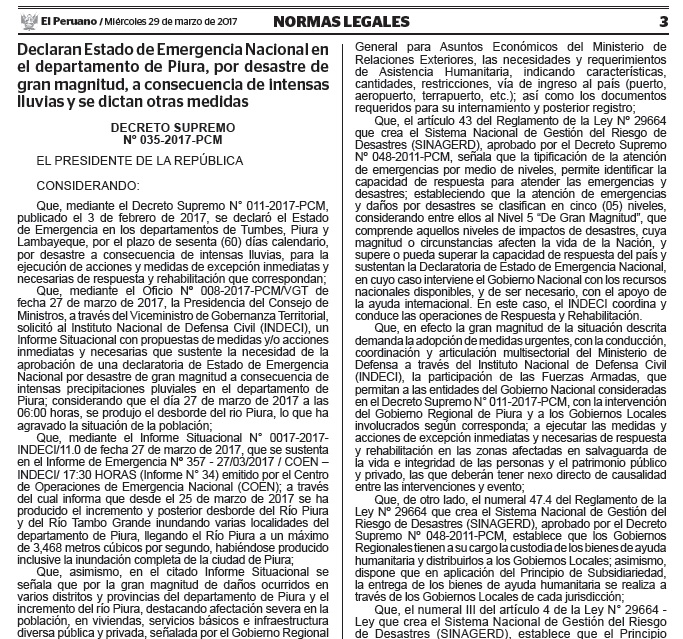 Declaran Estado de Emergencia Nacional en el departamento de Piura